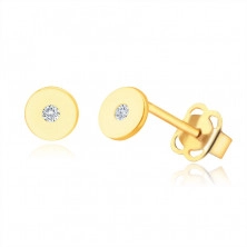 Earrings made of 14K yellow gold – flat circle with a clear zircon, shiny and smooth surface