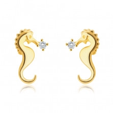 585 Golden stud earrings – seahorse motif, glittery round zircon
