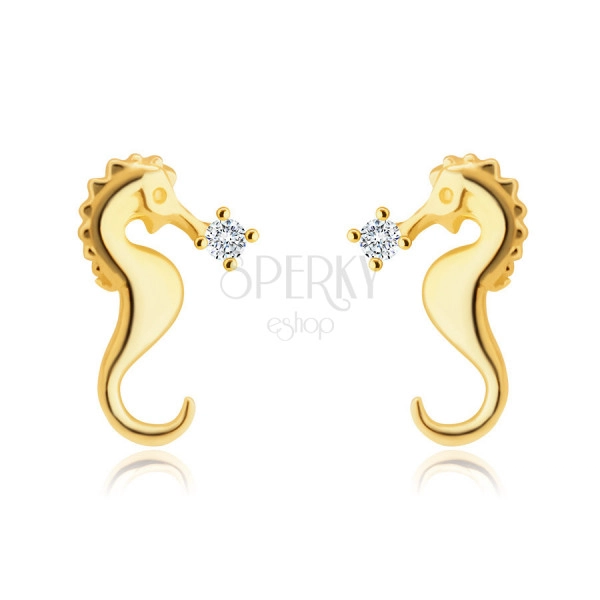 585 Golden stud earrings – seahorse motif, glittery round zircon