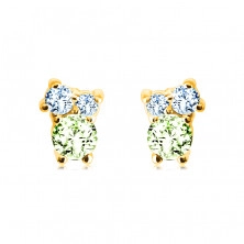 Earrings in 14K gold – stones in different sizes, olivine, blue topaz