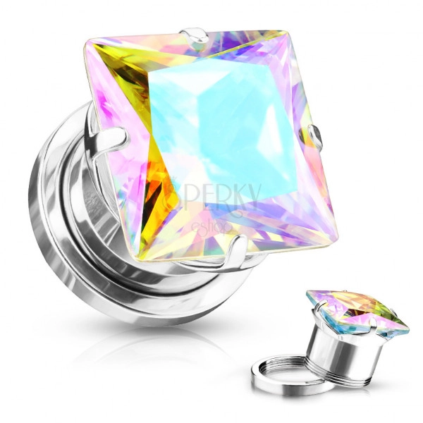 Ear plug made of stainless steel – square-shaped zircon, rainbow reflections, PVD coating technology
