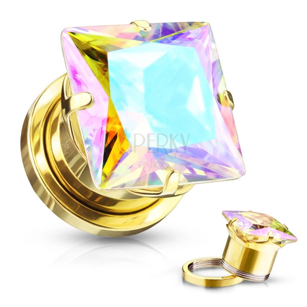 Ear plug made of stainless steel – square-shaped zircon with rainbow reflections, golden colour. PVD 