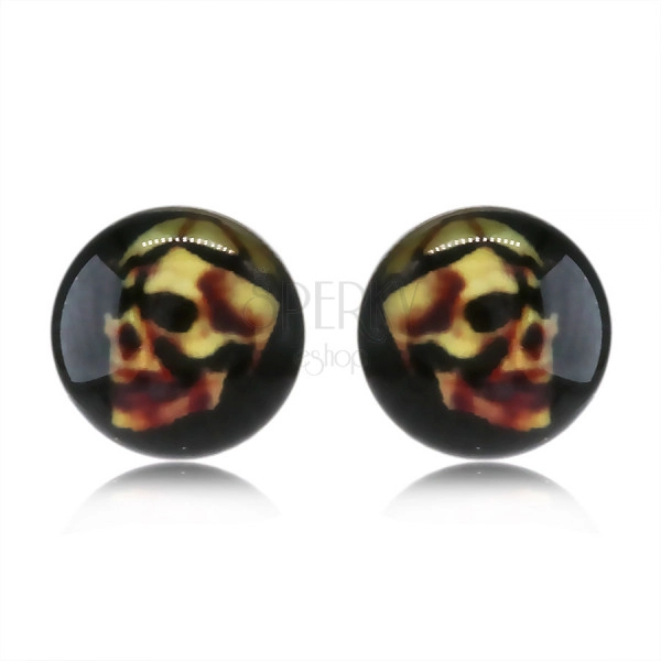 Earrings made of stainless steel – skull on a black background, clear glaze, studs