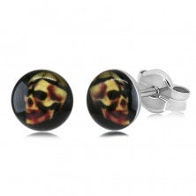 Earrings made of stainless steel – skull on a black background, clear glaze, studs