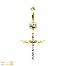 316L Steel belly button piercing, Rhodium plated – winged cross, round clear zircons, 1,6 mm