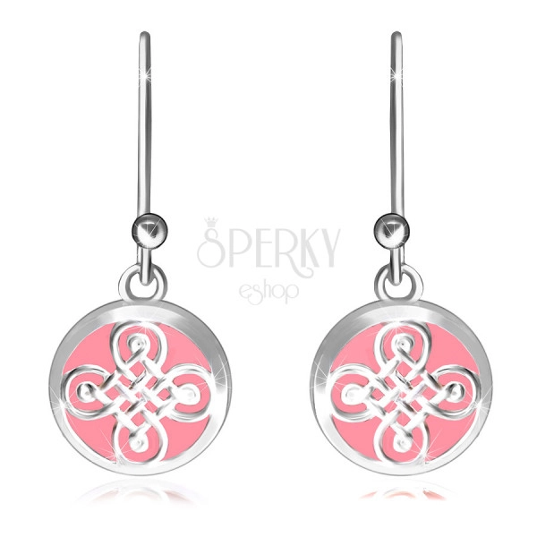 Dangling earrings in 925 silver – smooth ring, Celtic pattern on a pink background
