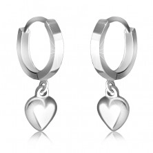 925 Silver hinged snap earrings – mirror-polished hoops with a heart, smooth surface