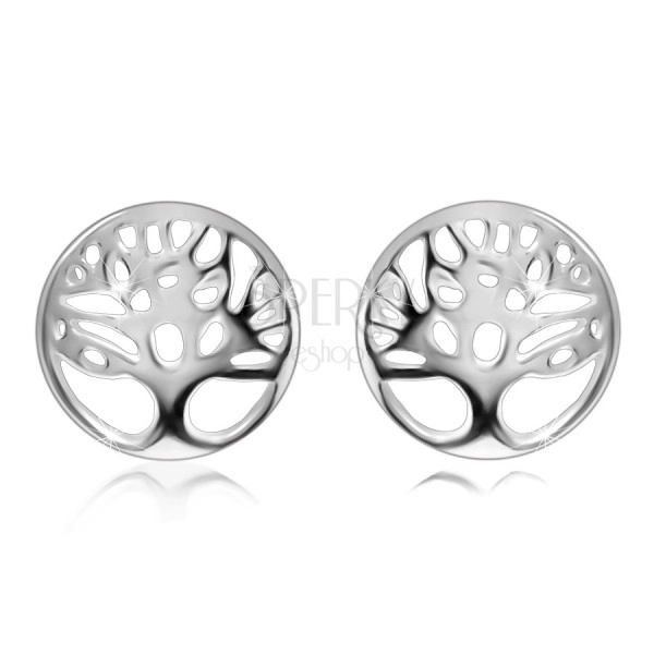 925 Silver earrings – tree of life in a ring with a cut-out, shiny surface