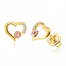 Earrings made of 14K gold – heart outline, round clear zircons, decorative flower in rose gold