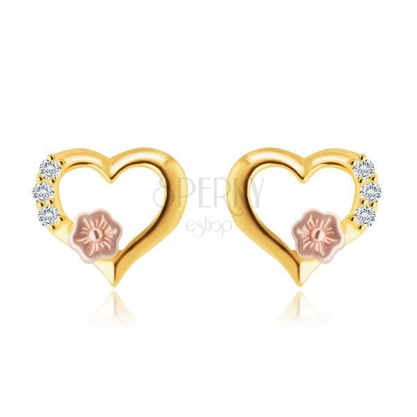 Earrings made of 14K gold – heart outline, round clear zircons, decorative flower in rose gold
