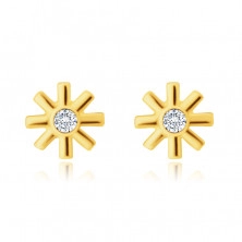 14K Golden earrings – flower, tiny round zircon, thin smooth petals, studs