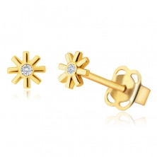 14K Golden earrings – flower, tiny round zircon, thin smooth petals, studs