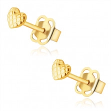 Earrings made of 14K yellow gold – shiny heart with a grid surface, studs
