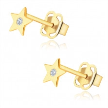 Earrings in 14K yellow gold – five-pointed star with a zircon, smooth shiny surface