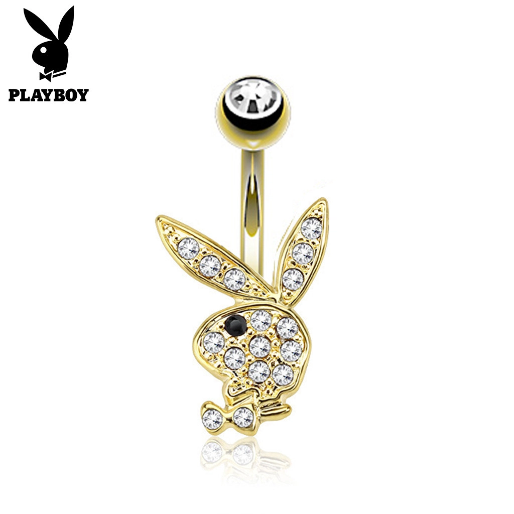 Belly button piercing in 316L steel, golden colour – Playboy bunny, round  zircons black eye | Jewelry Eshop