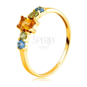 Ring in 14K yellow gold – angular citrine, round olivine and Swiss topaz