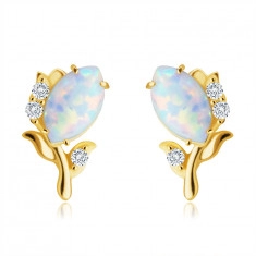 14K Yellow gold diamond earrings – flower with a white synthetic opal, brilliants