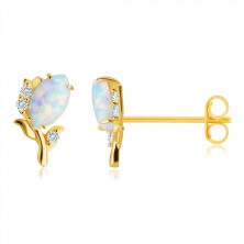 14K Yellow gold diamond earrings – flower with a white synthetic opal, brilliants