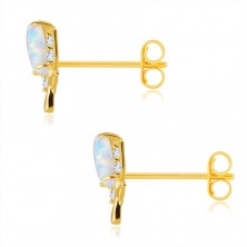 14K Yellow gold diamond earrings – flower with a white synthetic opal, brilliants