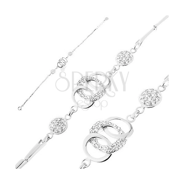 925 Silver bracelet – shiny links, interlaced hoops, rings, clear zircons 
