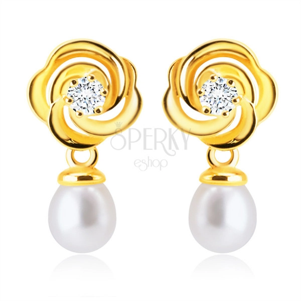 14K Yellow gold diamond earrings – brilliant, flower with petals, white fresh-water pearl