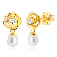 14K Yellow gold diamond earrings – brilliant, flower with petals, white fresh-water pearl
