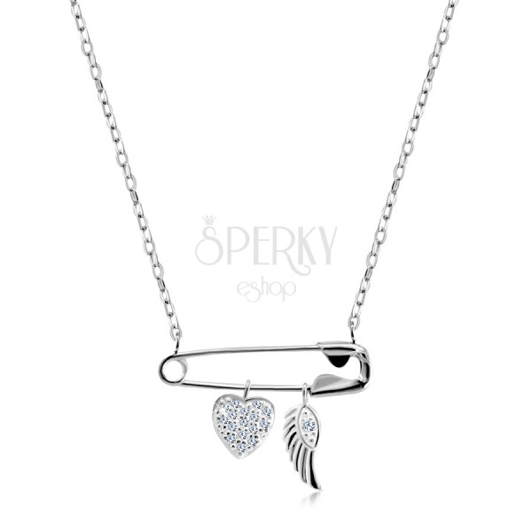 925 Silver necklace – safety pin with pendants, heart with zircons, angel wing