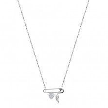 925 Silver necklace – safety pin with pendants, heart with zircons, angel wing