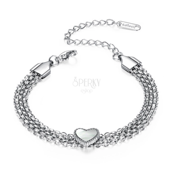 Steel bracelet, silver colour - slim chain, smooth balls, pendant heart, rainbow reflections