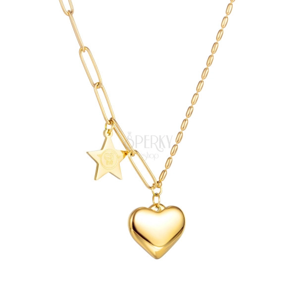 Necklace from stainless steel, gold colour - pendants heart and star, oval parts