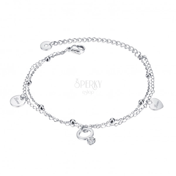 Steel bracelet, silver colour - doubled chain, pendants, shiny balls, "Love"