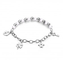Slip on steel bracelet - glossy balls, oval rings, pendants, silver colour
