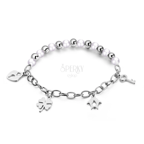 Slip on steel bracelet - glossy balls, oval rings, pendants, silver colour