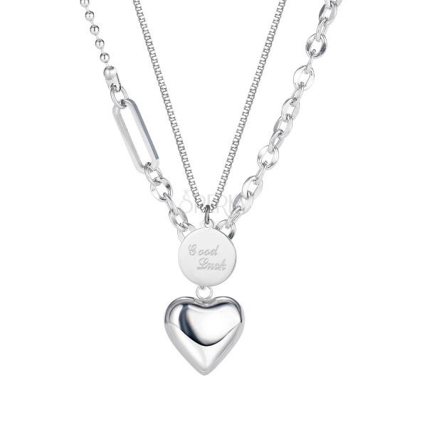 Doubled steel necklace, silver colour - plate with inscripton "Good Luck", shiny heart