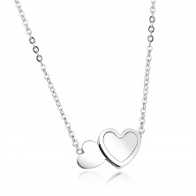Necklace made from steel of silver colour, oval rings, two flat hearts,  mother-of-pearl, rainbow reflections