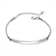 Steel bracelet of silver colour - oblong plate, engraved hearts, zircons