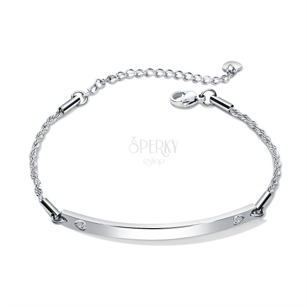 Steel bracelet of silver colour - oblong plate, engraved hearts, zircons
