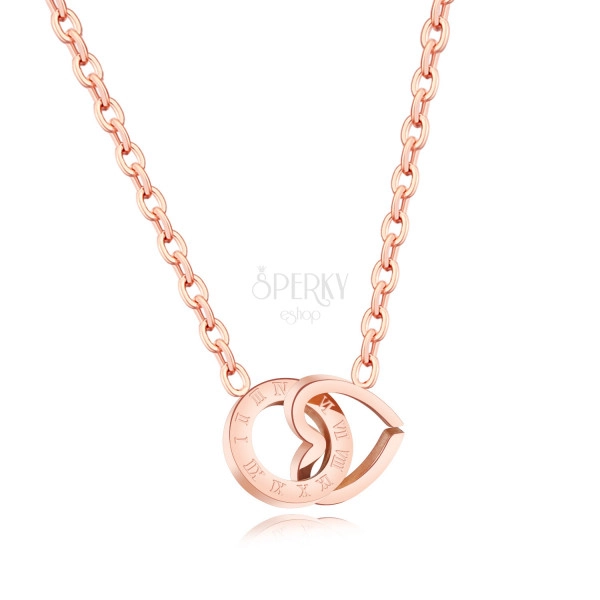 Steel necklace, linked contour of a heart and a circle, roman numerals, copper colour