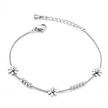 Bracelet from steel, three flowers, shiny balls, chain of angular cells, silver colour