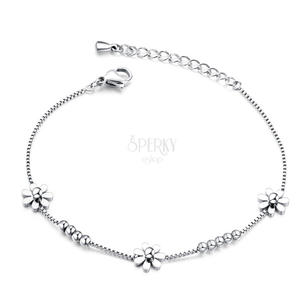 Bracelet from steel, three flowers, shiny balls, chain of angular cells, silver colour