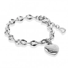 Bracelet from steel, flat heart, inscription "Forever you´re my lover", zircon, silver colour