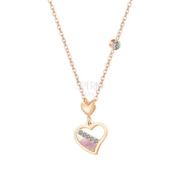 Steel necklace in copper colour, irregular shape of a heart, mother-of-pearl, clear zircons