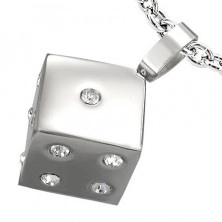 Pendant made of 316L steel - dice with embedded clear zircons