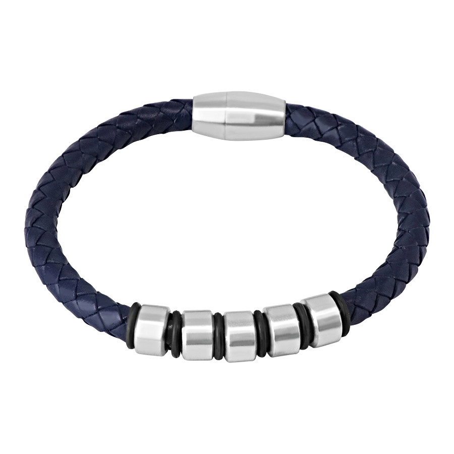 Idas Blue Denim Braided Leather Black Ion-Plated Matte Stainless Steel  Clasp Men's Bracelet