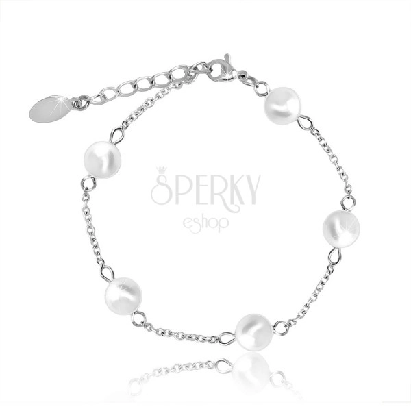 Steel bracelet in a silver colour, pearlescent beads on a chain