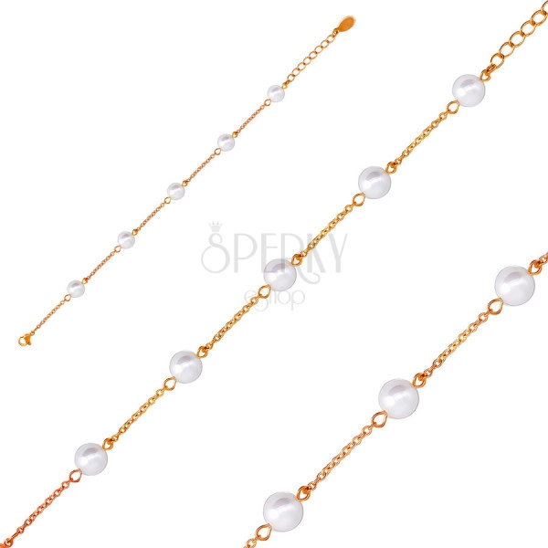 Steel bracelet in a copper colour, white pearlescent beads, chain