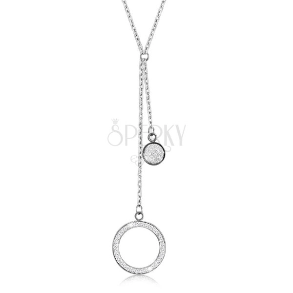 Steel necklace – large ring outline with crystals, flat ring, silver coloured pendants