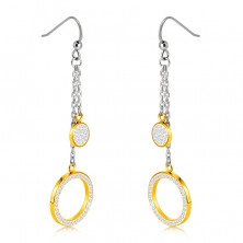 Hanging steel earrings - ring and circle adorned with clear stones, gold color, African hook