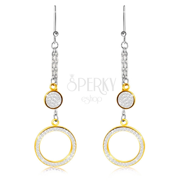 Hanging steel earrings - ring and circle adorned with clear stones, gold color, African hook