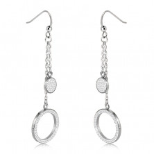 Hanging steel earrings - ring and circle adorned with clear stones, silver color, African hook